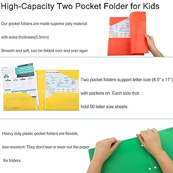 6 Pack Plastic File Folders with Pockets 3 Hole Punched